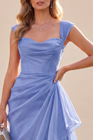Load image into Gallery viewer, Blue A Line Cap Sleeves Ruffled Long Wedding Guest Dress with Side Cape