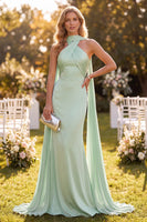 Load image into Gallery viewer, Mint Green Satin Mermaid Neck Scarf Halter Long Wedding Guest Dress