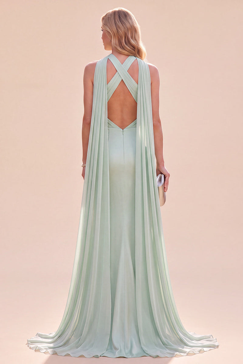 Load image into Gallery viewer, Mint Green Satin Mermaid Neck Scarf Halter Long Wedding Guest Dress