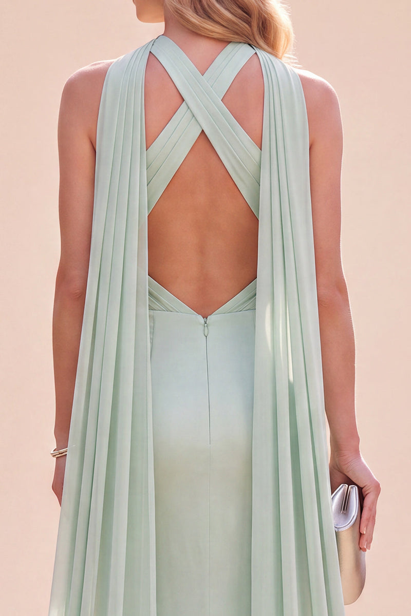 Load image into Gallery viewer, Mint Green Satin Mermaid Neck Scarf Halter Long Wedding Guest Dress