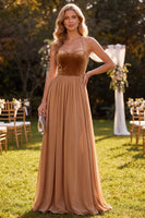 Load image into Gallery viewer, Khaki Halter A Line Ruched Beaded Beach Long Wedding Guest Dress