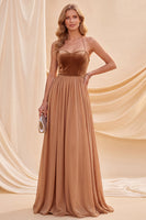 Load image into Gallery viewer, Khaki Halter A Line Ruched Beaded Beach Long Wedding Guest Dress
