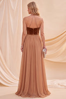 Load image into Gallery viewer, Khaki Halter A Line Ruched Beaded Beach Long Wedding Guest Dress