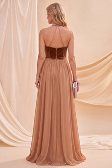 Khaki Halter A Line Ruched Beaded Beach Long Wedding Guest Dress