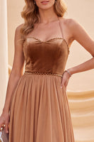 Load image into Gallery viewer, Khaki Halter A Line Ruched Beaded Beach Long Wedding Guest Dress
