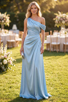 Load image into Gallery viewer, Sky Blue A Line Satin Ruched One Shoulder Long Wedding Guest Dress