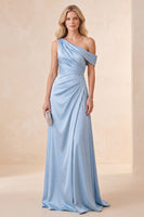 Load image into Gallery viewer, Sky Blue A Line Satin Ruched One Shoulder Long Wedding Guest Dress