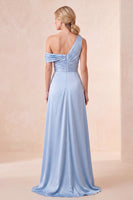 Load image into Gallery viewer, Sky Blue A Line Satin Ruched One Shoulder Long Wedding Guest Dress