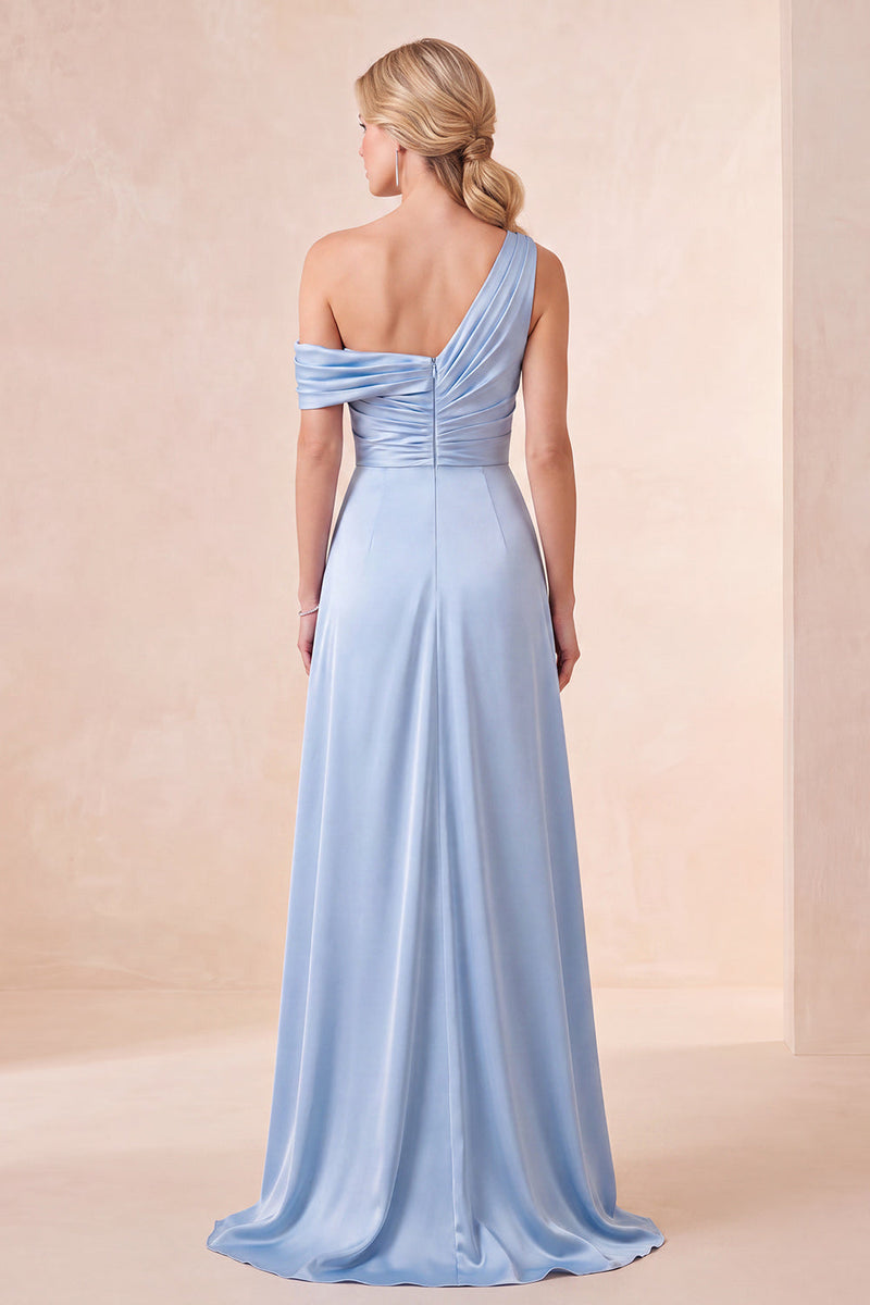 Load image into Gallery viewer, Sky Blue A Line Satin Ruched One Shoulder Long Wedding Guest Dress