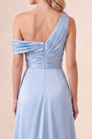 Load image into Gallery viewer, Sky Blue A Line Satin Ruched One Shoulder Long Wedding Guest Dress