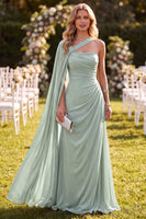 Load image into Gallery viewer, Mint Green Sheath One Shoulder Beach Long Wedding Guest Dress with Side Cape