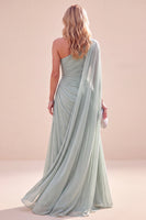 Load image into Gallery viewer, Mint Green Sheath One Shoulder Beach Long Wedding Guest Dress with Side Cape