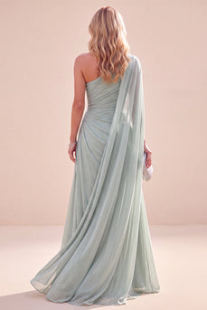Mint Green Sheath One Shoulder Beach Long Wedding Guest Dress with Side Cape