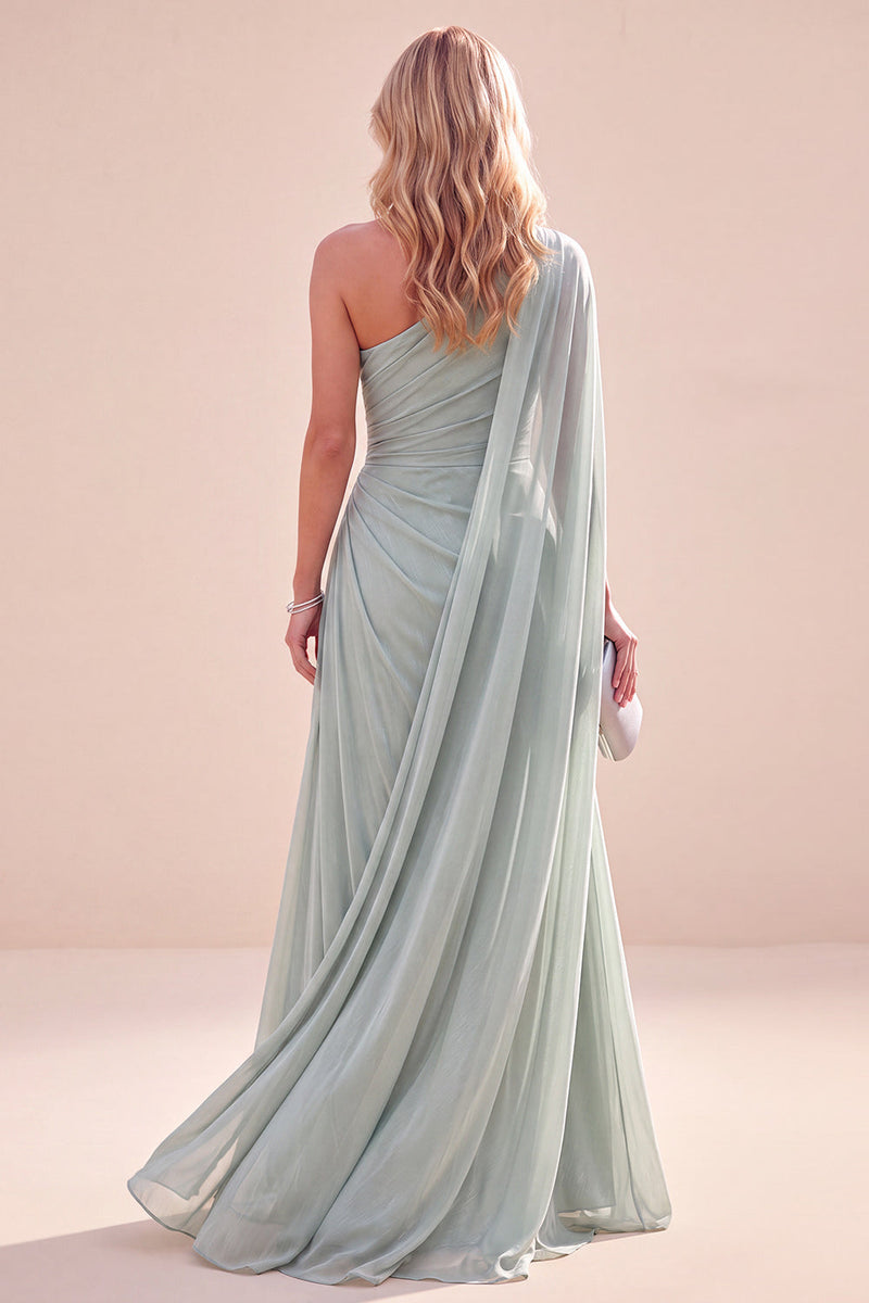 Load image into Gallery viewer, Mint Green Sheath One Shoulder Beach Long Wedding Guest Dress with Side Cape