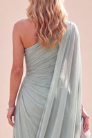 Load image into Gallery viewer, Mint Green Sheath One Shoulder Beach Long Wedding Guest Dress with Side Cape
