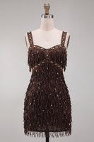 Load image into Gallery viewer, Brown Fringed Tight Thick Straps Short Cocktail Dress with Beading