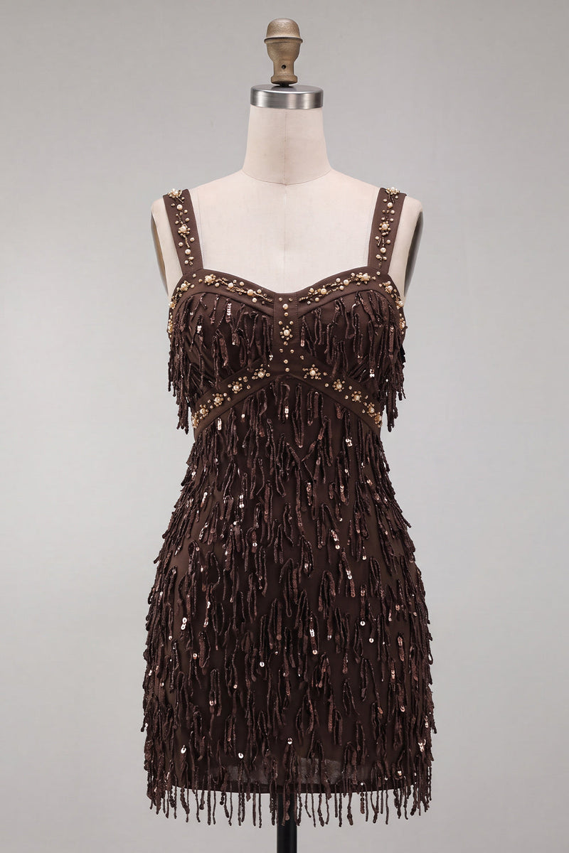 Load image into Gallery viewer, Brown Fringed Tight Thick Straps Short Cocktail Dress with Beading