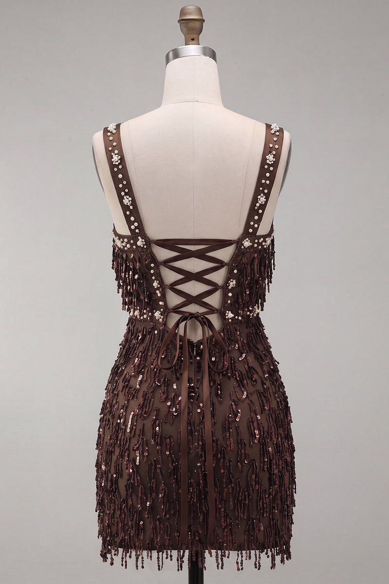Load image into Gallery viewer, Brown Fringed Tight Thick Straps Short Cocktail Dress with Beading