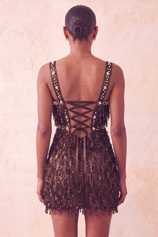Brown Fringed Tight Thick Straps Short Cocktail Dress with Beading