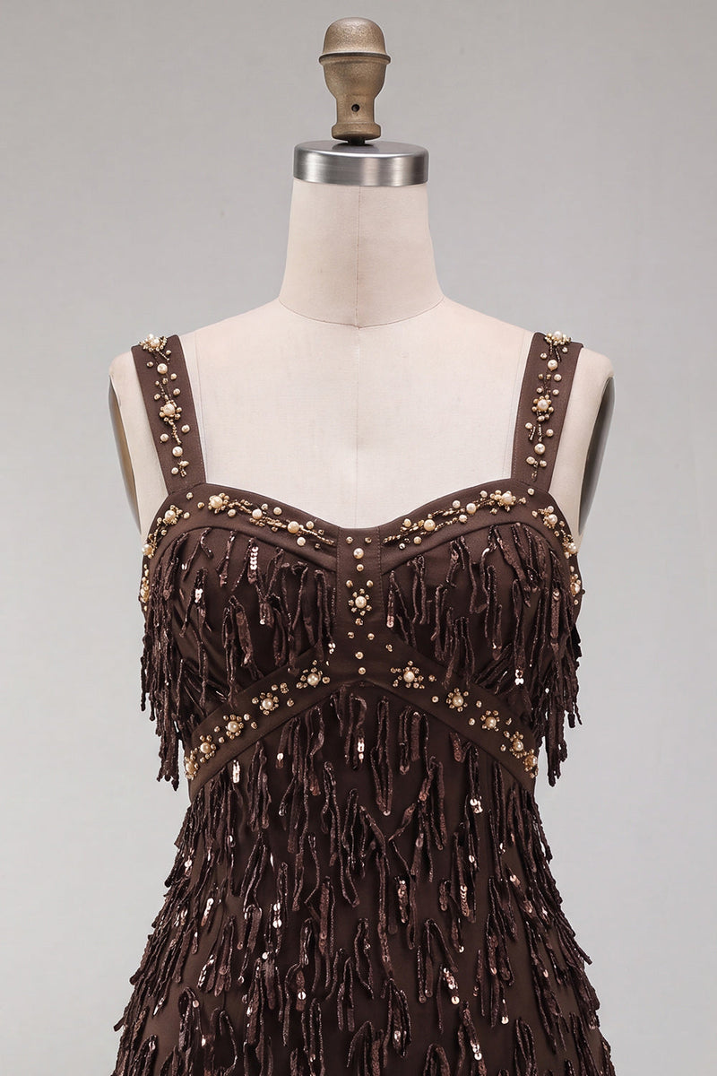 Load image into Gallery viewer, Brown Fringed Tight Thick Straps Short Cocktail Dress with Beading