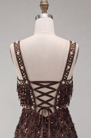 Load image into Gallery viewer, Brown Fringed Tight Thick Straps Short Cocktail Dress with Beading