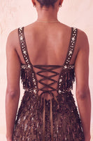 Load image into Gallery viewer, Brown Fringed Tight Thick Straps Short Cocktail Dress with Beading