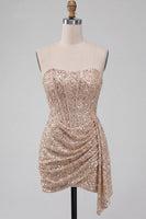 Load image into Gallery viewer, Sparkly Champagne Tight Ruched Sequin Short Corset Cocktail Dress