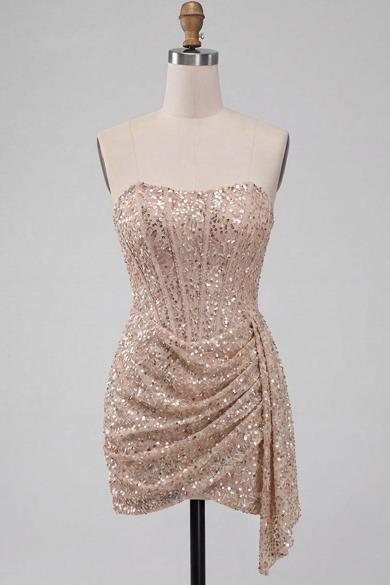 Load image into Gallery viewer, Sparkly Champagne Tight Ruched Sequin Short Corset Cocktail Dress