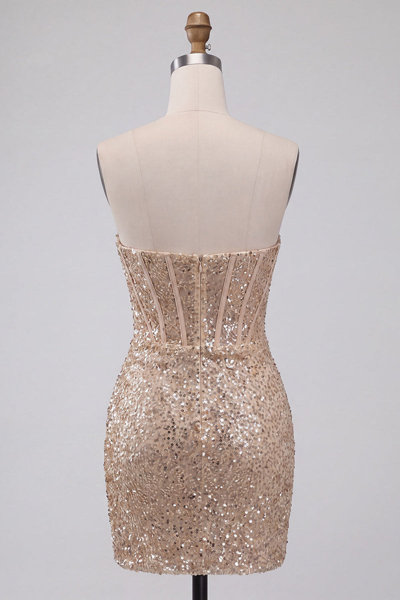 Load image into Gallery viewer, Sparkly Champagne Tight Ruched Sequin Short Corset Cocktail Dress