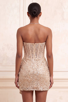 Sparkly Champagne Tight Ruched Sequin Short Corset Cocktail Dress