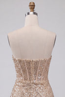 Load image into Gallery viewer, Sparkly Champagne Tight Ruched Sequin Short Corset Cocktail Dress