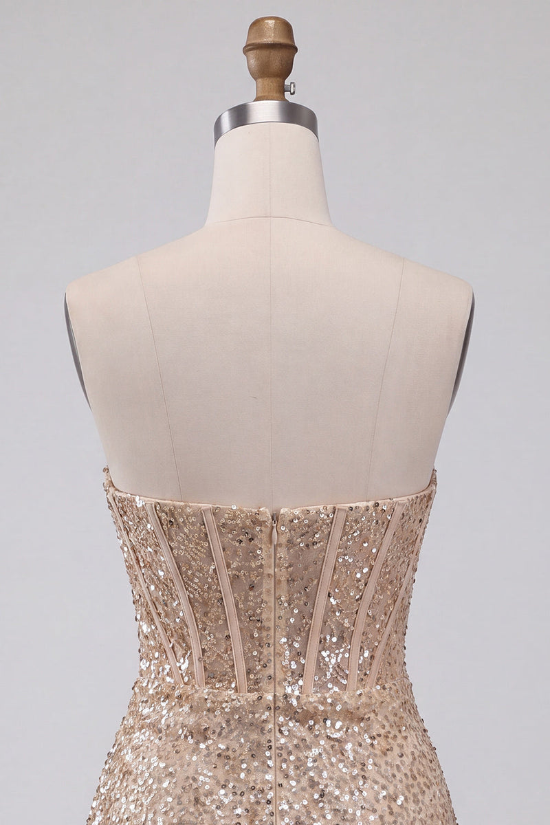 Load image into Gallery viewer, Sparkly Champagne Tight Ruched Sequin Short Corset Cocktail Dress
