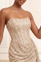 Load image into Gallery viewer, Sparkly Champagne Tight Ruched Sequin Short Corset Cocktail Dress