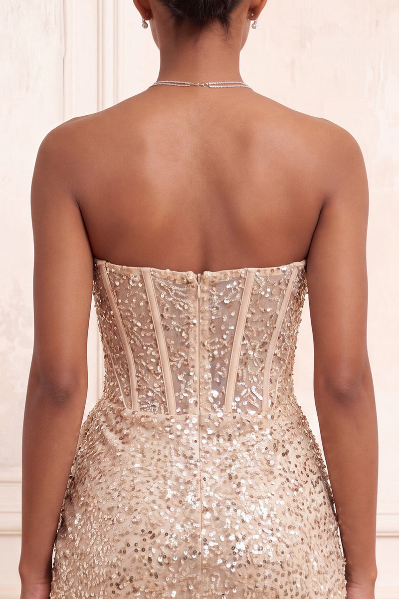 Load image into Gallery viewer, Sparkly Champagne Tight Ruched Sequin Short Corset Cocktail Dress