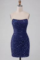 Load image into Gallery viewer, Sparkly Navy Strapless Tight Sequin Ruched Short Cocktail Dress