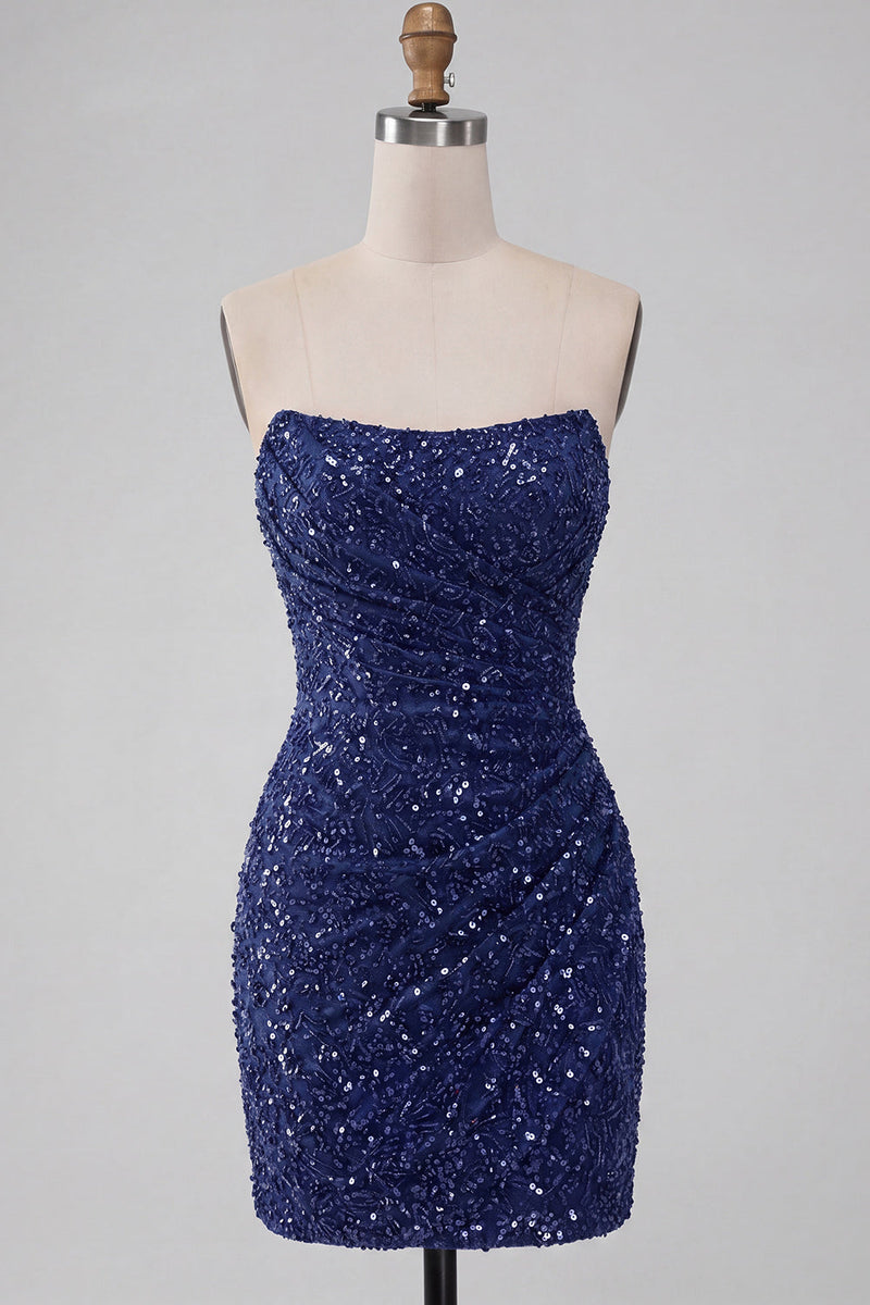 Load image into Gallery viewer, Sparkly Navy Strapless Tight Sequin Ruched Short Cocktail Dress