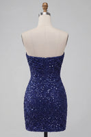 Load image into Gallery viewer, Sparkly Navy Strapless Tight Sequin Ruched Short Cocktail Dress