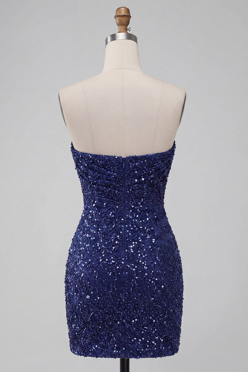 Load image into Gallery viewer, Sparkly Navy Strapless Tight Sequin Ruched Short Cocktail Dress