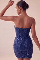 Load image into Gallery viewer, Sparkly Navy Strapless Tight Sequin Ruched Short Cocktail Dress