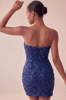 Sparkly Navy Strapless Tight Sequin Ruched Short Cocktail Dress