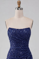Load image into Gallery viewer, Sparkly Navy Strapless Tight Sequin Ruched Short Cocktail Dress