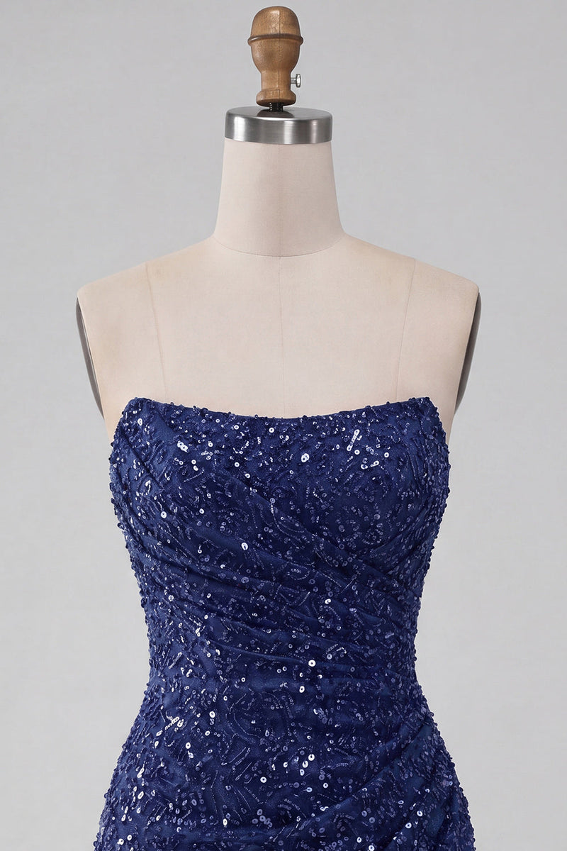 Load image into Gallery viewer, Sparkly Navy Strapless Tight Sequin Ruched Short Cocktail Dress