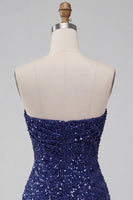 Load image into Gallery viewer, Sparkly Navy Strapless Tight Sequin Ruched Short Cocktail Dress