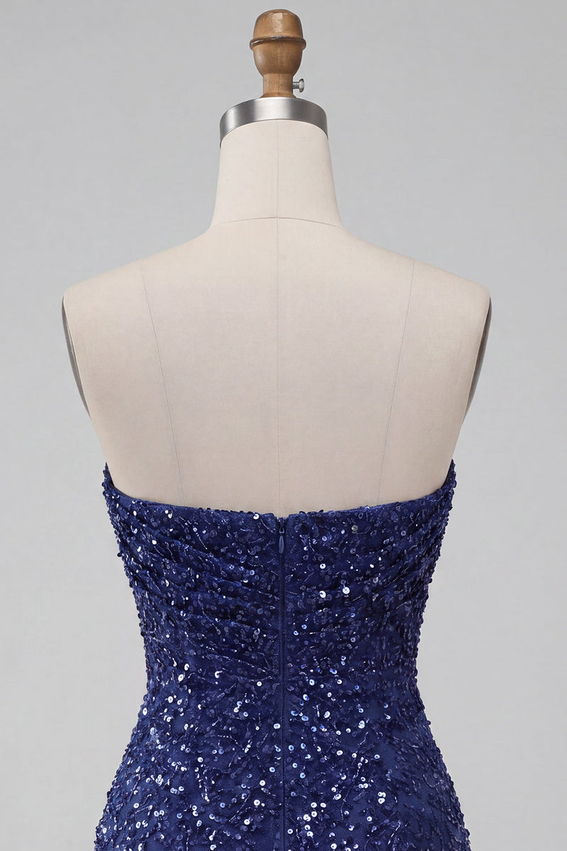 Load image into Gallery viewer, Sparkly Navy Strapless Tight Sequin Ruched Short Cocktail Dress