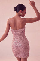 Load image into Gallery viewer, Sparkly Navy Strapless Tight Sequin Ruched Short Cocktail Dress