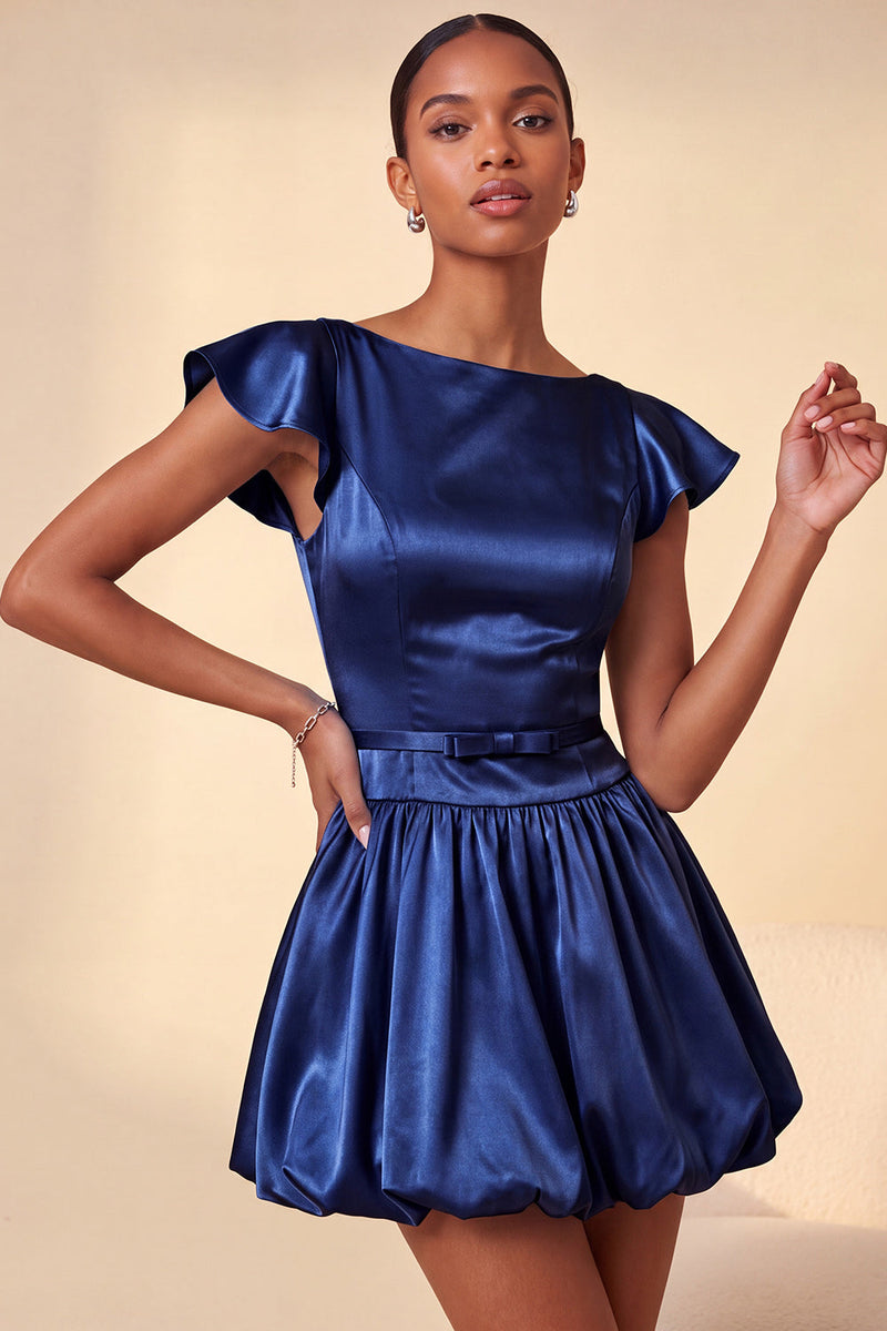 Load image into Gallery viewer, Sky Blue A-Line Satin Cap Sleeves Short Cocktail Dress with Bow