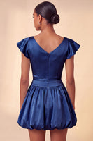 Load image into Gallery viewer, Sky Blue A-Line Satin Cap Sleeves Short Cocktail Dress with Bow