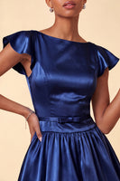 Load image into Gallery viewer, Sky Blue A-Line Satin Cap Sleeves Short Cocktail Dress with Bow