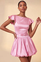 Load image into Gallery viewer, Sky Blue A-Line Satin Cap Sleeves Short Cocktail Dress with Bow