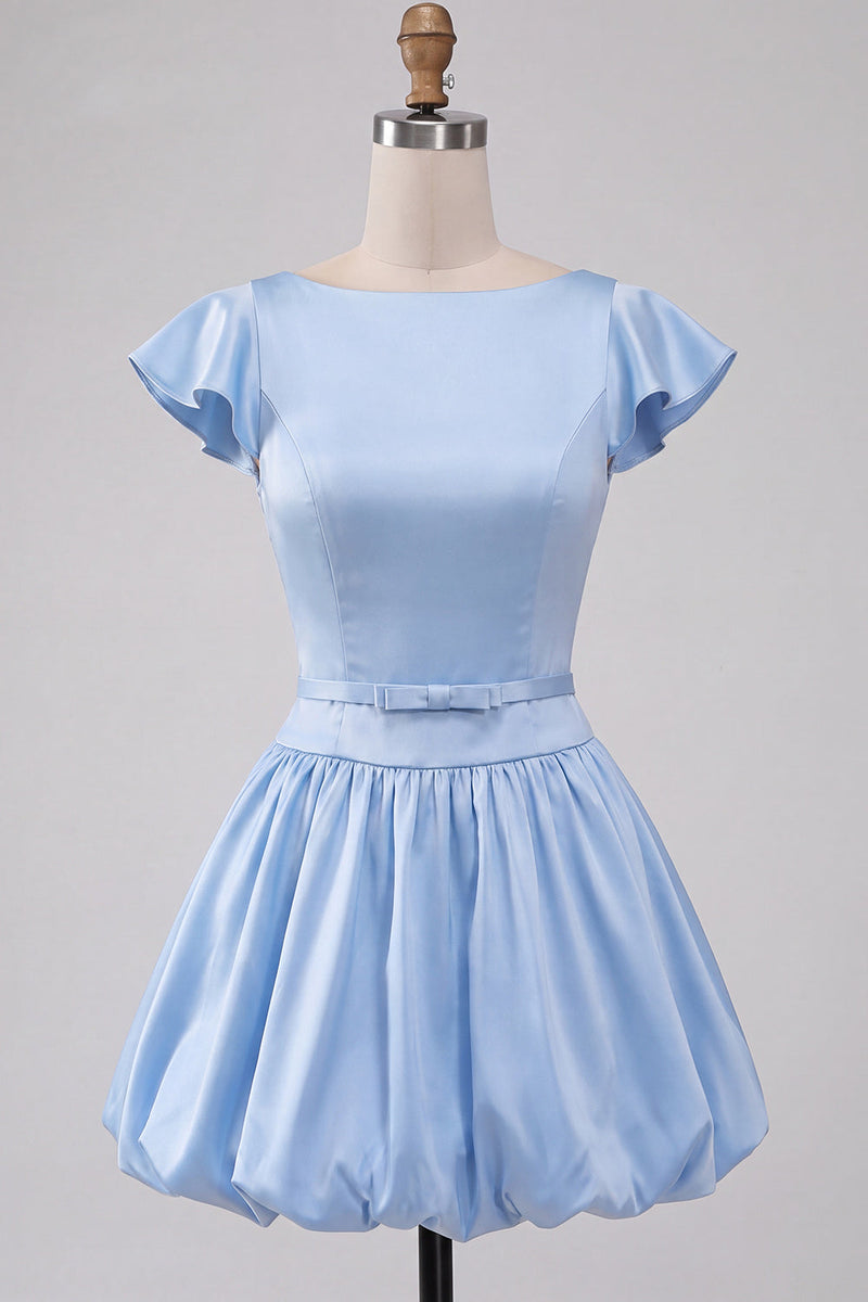 Load image into Gallery viewer, Sky Blue A-Line Satin Cap Sleeves Short Cocktail Dress with Bow